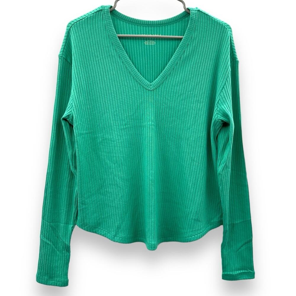 American Eagle Green Ribbed Long Sleeve V‎ Neck Pullover Top Size S NEW